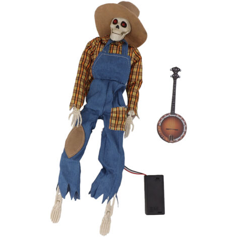Halloween-Cowboyschädel-Statue mit leuchtendem Auge, gelb-karierte Skelett-Schreibtischdekoration