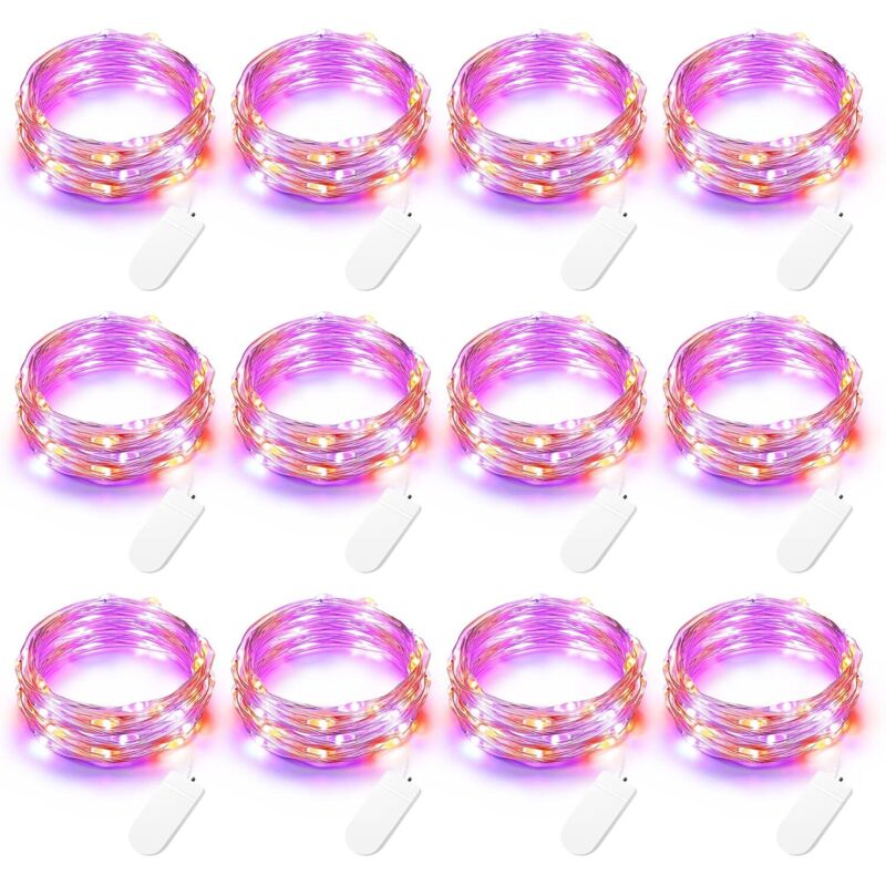 Halloween Décoration Guirlandes Lumineuses Orange + Violet [Lot de 12], 2M 20 led Fil de Cuivre Guirlande à Piles Étanche Ambiance Lumière pour