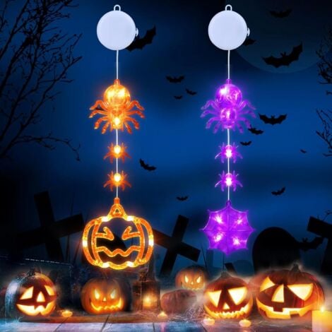Halloween Deko - 2 Stück Halloween Fensterlichter mit Kürbis Spinnen Netz, 2 Modi, Timer, LED Batterie Lichterkette mit Saugnäpfe für Fenster Innen Außen Party Dekorations (Orange&Lila)
