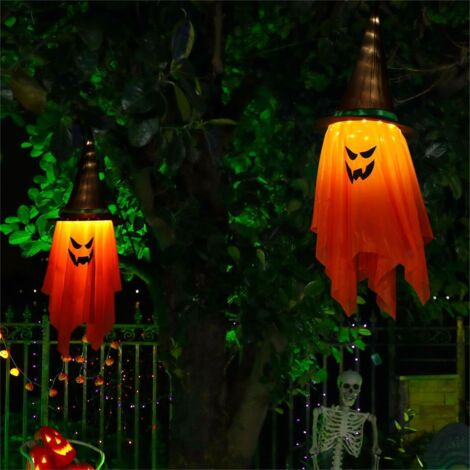 Halloween Deko Garten Outdoor Gruselig - 2Stück 1M Geister Mit Hexenhut Halloween Dekoration, LED Lichterkette Außen Batterie für Wand Balkon Tür Party Wohnzimmer Innen, Herbstdeko Orange