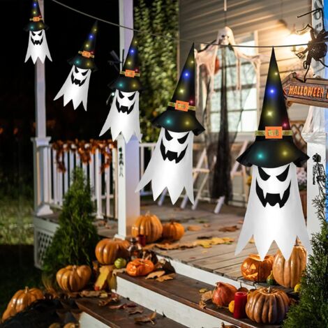 Halloween-Deko Garten Outdoor,5 Stück Hängende Geister mit Hexenhut,Halloween Lichterkette Fliegende Geisterhüte mit10 LED Lichtern für Karneval Party Halloween Terrasse Baum Veranda Deko