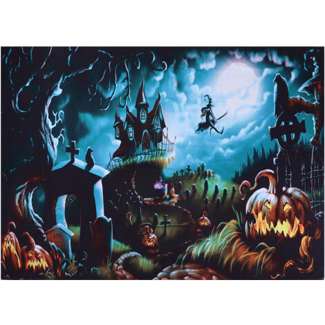Halloween-Dekoration: Gruselige Friedhofs-Fotohintergrundkulisse mit Mond und Kürbis – 150 x 150 cm
