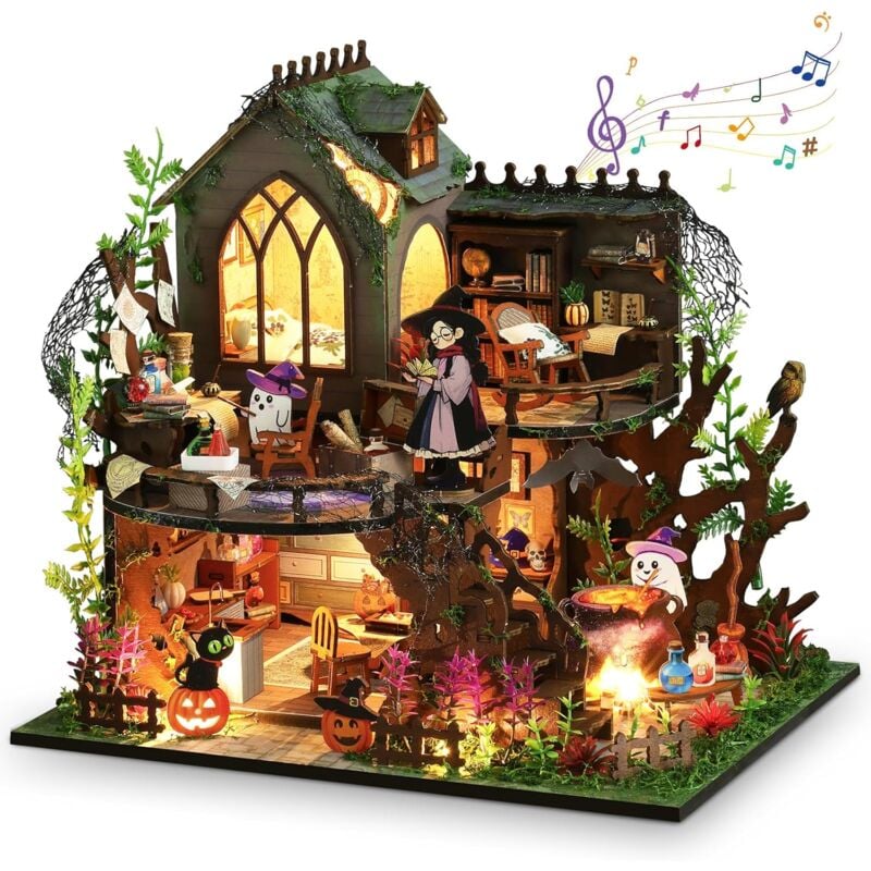 Halloween Ensemble de Maison Miniature, diy Maison Miniature Jardin, 3D Maison de Poupées Miniature en Bois avec Meubles et Lumières led pour Maison