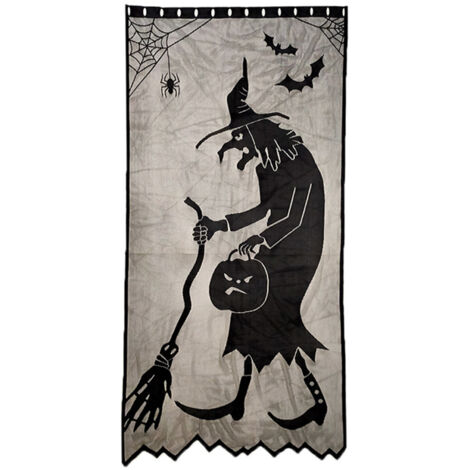 Halloween-Fenster- und Türvorhang aus schwarzer Spitze, 40 x 82 Zoll, gruseliges Skelettmuster, Heimdekoration