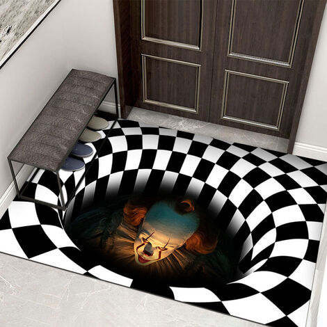 Halloween-Fußmatte 3D-visuelle Effekte Willkommens-Fußmatte für Eingangsdekorationen Clown in einem Käfig Gruselige Fußmatte Halloween-Dekor Rutschfeste Bodenmatte für den Innenbereich 40 × 60 cm (01)