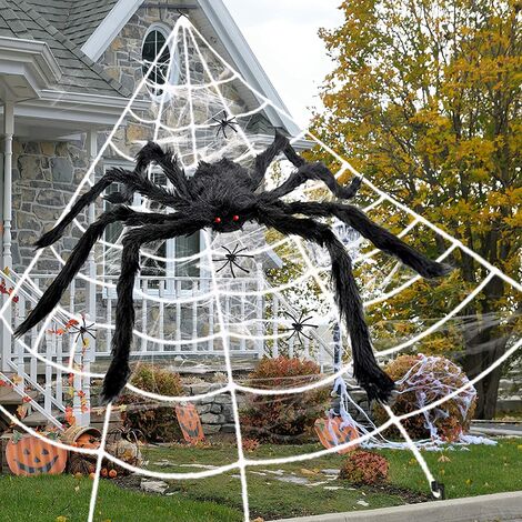 Halloween Giant Spider Webs Decorations, Large Outdoor Yard Decor Scary 59" Spider & 4 Small Fake Spiders, 200" Triangular Spiderweb with 40g Stretch Cobweb for Lawn Indoor Home Haunted House Décor
