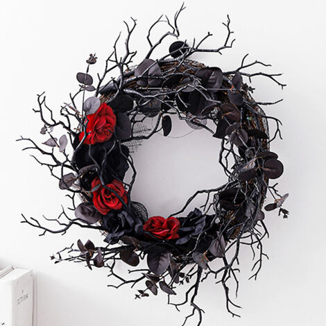 Halloween-Kranz aus toten Zweigen, künstlichen Blumen, schwarzer Deko-Kranz zum Aufhängen an der Tür, festliches Gesteck, Rattanring zum Aufhängen an der Wand