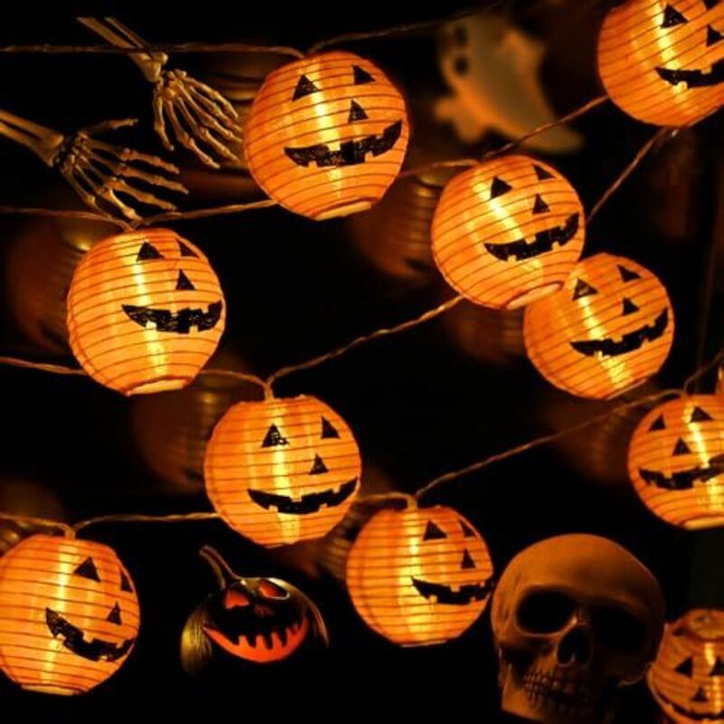 Guirlande lumineuse d'Halloween pour décoration extérieure 2 m avec 10 LED orange en forme de citrouille, fonctionnant sur piles pour fêtes en