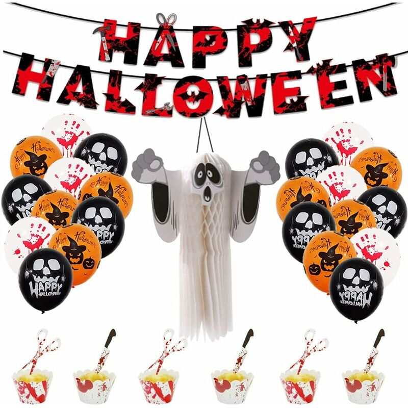 Monly - Halloween Party Decorations - Happy Halloween Banner with Large Flying Spirit (54cm x 42cm) - Latex Balloons - Halloween Cake Decorations,