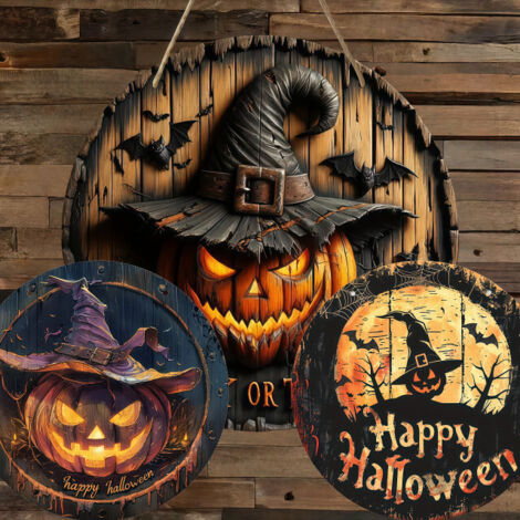 Halloween round wooden doorplate decoration