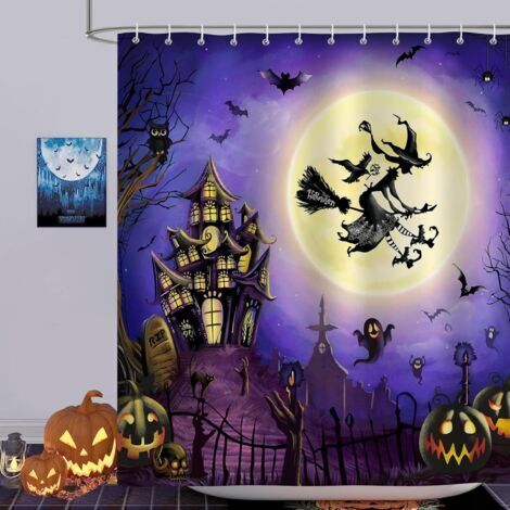 Halloween-Schloss-Mond-Hexen-Duschvorhang, schimmelresistent, wasserdicht, waschbares Polyestergewebe, 180 x 180 cm, inklusive 12 Haken für die Badewanne