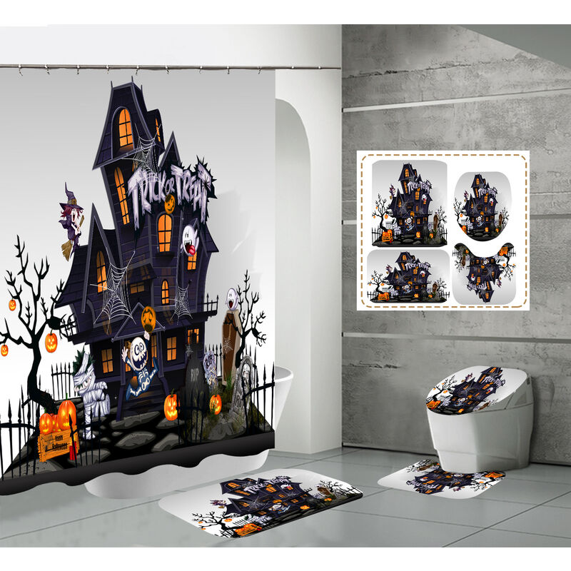 Halloween Shower Curtain Sets With Non Slip Mats, Toilet Lid Cover And Bath Mat, Haunted House Pumpkin Shower Curtains With 12 Hooks, Waterproof