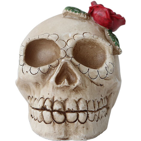 Halloween Skeleton Lights - Skull Statues with Flowers - Resin Head Figure Sculpture for Bar Table Holiday Decorations Ghost Festival LED Electronic Candle Light Skull Ornaments