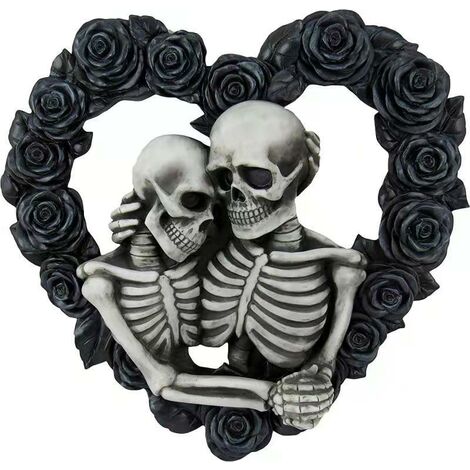 Halloween Skull Couple Wreath, Black Rose Pendant Decoration House Number, Suitable for Front Door Decor Wreath, Home Wall Decor (Size : One size)