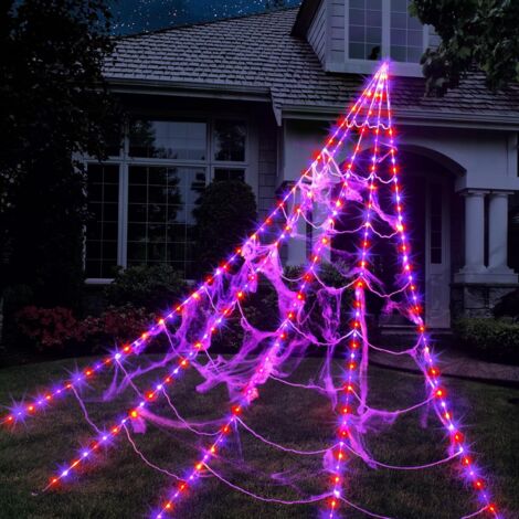 TIGREZY Halloween Spider Web Lights, 250 LEDs, 5m, 8 Lighting Modes, Waterproof, for Haunted House Decoration, Indoor and Outdoor, Purple and Orange