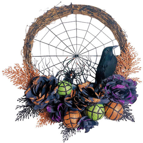 Halloween-Türkranz mit Rabenmotiv, schwarzen Rosen und Dekokugeln, Türgirlande, Veranda-, Fenster-, Innen- und Außendekoration