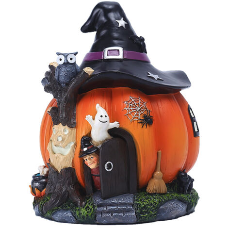 Halloween Witch Pumpkin House Figurine Luminous Resin Pumpkin Statue Crafts Desktop Ornament Halloween Party Decorations Gifts