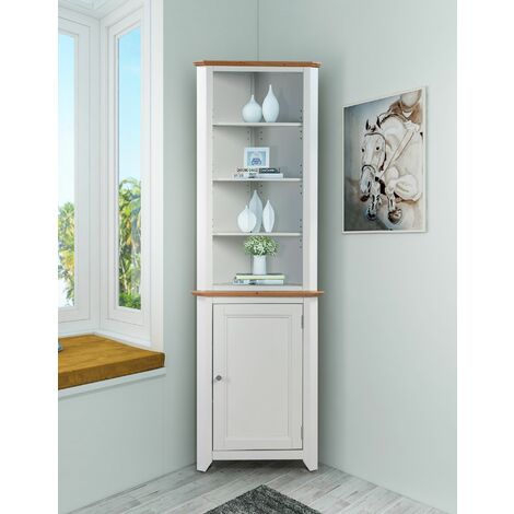 Hallowood Clifton Oak Top Off White Painted Small Corner Storage Display Cabinet | Cream Wooden Hallway Cabinet with Shelf