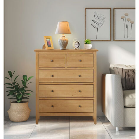 Hallowood Furniture Aston 2 Over 3 Chest of Drawers, 5-Drawer Solid Wooden Light Oak Dresser, Storage Drawer for Living Room & Hallway, Fully Assembled Bedroom Furniture