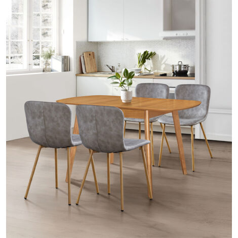 Hallowood Furniture Aston Butterfly Extendable Table and Chairs Set 4, Oval Extending Dining Set with 4 Chairs in Taupe Faux Leather Upholstery and Wooden Effect Metal Legs for Home and Cafe Use