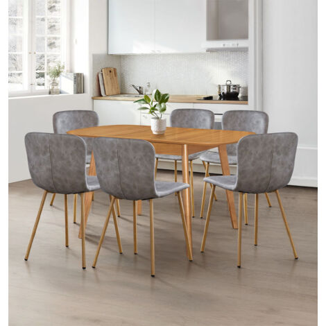 Hallowood Furniture Aston Extending Table and Chairs Set 6, Butterfly Leaf Wooden Kitchen Table and Grey Faux Leather Kitchen Chairs, Dining Room Set for Home and Cafe