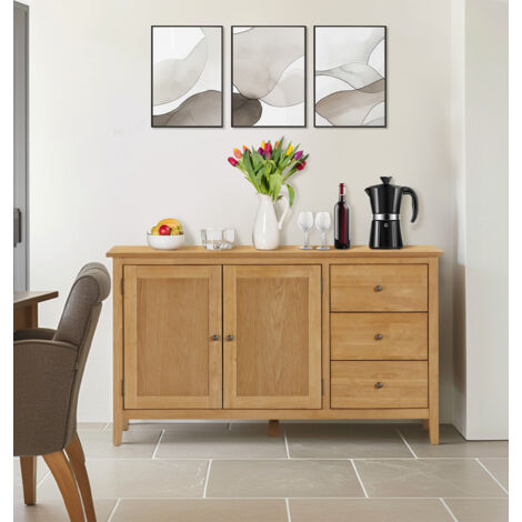 Hallowood Furniture Aston Large Sideboard Cabinet with Cupboard, 3-Drawer Wooden Sideboard Storage Cabinet, Ready-Assembled Light Oak Sideboards for Living Room, Kitchen or Bedroom