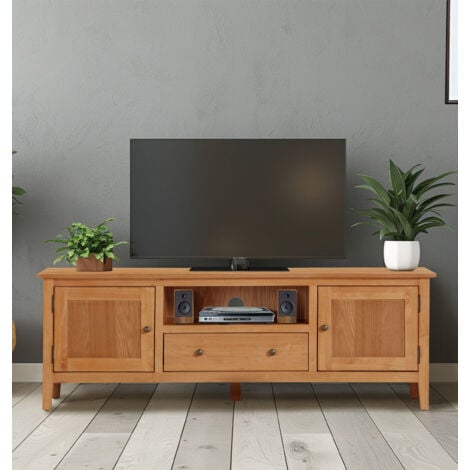 Hallowood Furniture Aston Long TV Unit with 2 Storage Drawers, Cupboard and Shelf, TV Cabinet with Cable Management Hole, Large Wooden TV Stand, TV Table for Living Room & Bedroom
