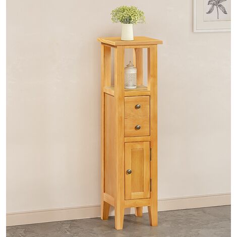 Hallowood Furniture Aston Oak Compact Bathroom Cabinet with Deep Drawer, Wooden Display Cabinet with Cupboard, Narrow Storage Unit, Living Room Slim Tower Storage Unit