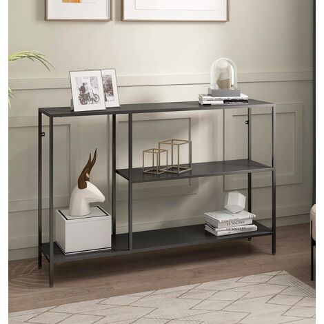 Hallowood Furniture Bewdley Black Console Table with 2 Shelves, Sturdy Slim Metal Console Table, Modern Telephone/ Lamp/ Plant Stand, Industrial Living Room and  Hallway Furniture
