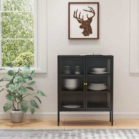 main image of "Hallowood Furniture Bewdley Black Metal & Glass Low Display Cabinet / Glazed Storage Cupboard Sideboard"