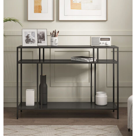 Hallowood Furniture Bewdley Large Black Metal Display Unit with 2 Shelves, 110cm Modern Radiator Table, Slim Console Tables for Living Room, Minimalist Hallway Furniture Shelving Unit
