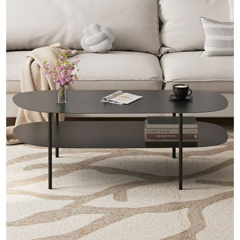 Hallowood Furniture Bewdley Oval Coffee Table with Shelf, Black Metal Coffee Table with Steel Plate Top, Occasional Table, Modern Black Table, Centre Table for Living Room