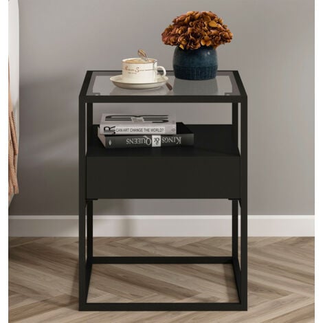Hallowood Furniture Bewdley Small Black Metal Side Table with Glass Top & Drawer, Bedside Table with Metal Frame, Console Table, Telephone Table, Living Room & Hallway Table