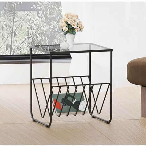 Hallowood Furniture Bourton Black Side Table with Tinted Glass Top and Powder-Coated Metal Frame, Stylish Black Coffee Table with Magazine Racks for the Living Room and Bedside Use