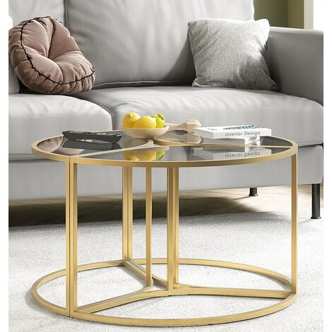 Hallowood Furniture Bourton Golden Metal Coffee Table Set 3, Modern Table with Tinted Glass Top, Side Table with Power Coated Frame, Sofa Side Table, Centre Table  Living Room