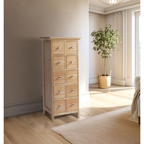 Hallowood Furniture Camberley CD DVD Storage Unit in Light Oak Finish, Solid Wooden Media Oak Cabinet with 10 Drawers, DVD/ CD Stand Organiser for Living Room or Office, Holds 230 CDs or 70 DVDs