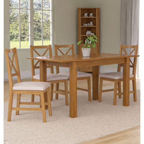 Hallowood Furniture Camberley Oak Dining Table and Chairs Set 4, Butterfly Extendable Dining Table and Chairs with Cross Back and Beige Fabric Padded Seats Perfect for Home and Café