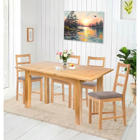 Hallowood Furniture Camberley Oak Dining Table and Chairs Set 4, Butterfly Wooden Kitchen Table and Chairs with Ladder Back Design and Light Grey Fabric Padded Seats, Ideal for Home and Café