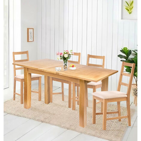 Hallowood Furniture Camberley Oak Extendable Dining Table and Chairs Set 4, Rectangular Butterfly Table and Chairs with Ladder Back and Beige Fabric Padded Seats for Home and Café