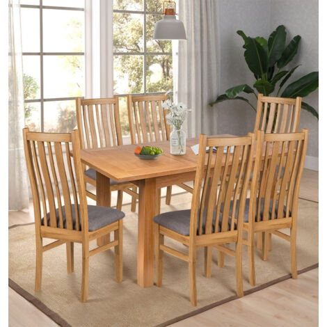 Hallowood Furniture Camberley Oak Extendable Dining Table and Chairs Set 6, Rectangular Butterfly Table and Chairs in Steel Grey Fabric Padded Seats and Cut-away Strip Design for Home and Café