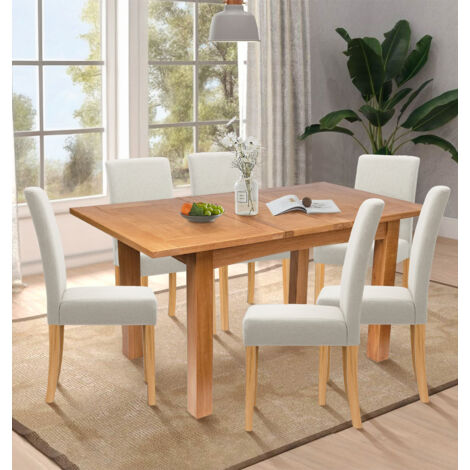 Hallowood Furniture Camberley Oak Extendable Dining Table and Chairs Set 6, Rectangular Butterfly Table and Chairs in Straight Back Beige Fabric, Dining Room Sets for Home and Café