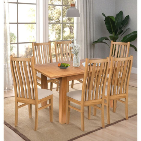 Hallowood Furniture Camberley Oak Extendable Dining Table and Chairs Set 6, Rectangular Butterfly Table with 6 Chairs in Beige Fabric Padded Seats and Cut-away Strip Design for Home and Café