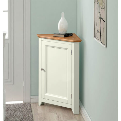 Hallowood Furniture Clifton Green Off White Corner Storage Cabinet with Light Oak Top, Small Cupboard with Adjustable Shelves, Storage Corner Unit For Living Room, Dining Room or Kitchen