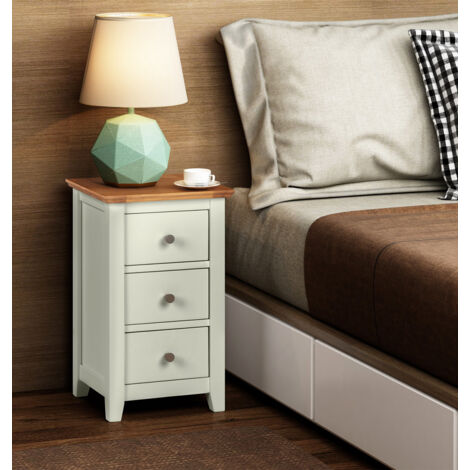 Hallowood Furniture Clifton Oak Green Off White Painted Bedside Table with 3 Drawers, Wooden Small Cabinets for Small Spaces, Narrow Bedside Cabinet for Living Room, Pre-Assembled Bedroom Furniture