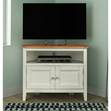 Hallowood Furniture Clifton Oak Painted Green Off White Corner TV Unit with Cable Hole & Cupboard, 2-Door Solid Wooden Small TV Stand Cabinet with 1 Shelf, Corner Unit for Living Room or Bedroom