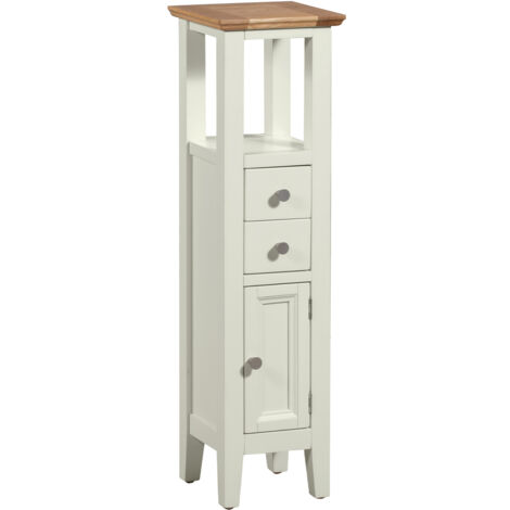 Hallowood Furniture Clifton Oak Painted Green Off White Open Top Tower Slim Cabinet with Cupboard, 2 Drawers & Shelf, Wooden Narrow Storage Unit, Small Bathroom Cabinet, Tall Plant Stand
