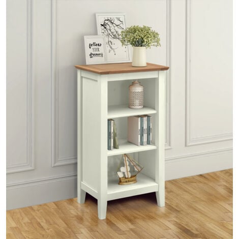Hallowood Furniture Clifton Oak Painted Off White Small Bookcase, Solid Oak Wooden Narrow Bookshelf with 2 Adjustable Shelves, Light Oak Top Book Shelf for Bedroom, Home Office, Living Room