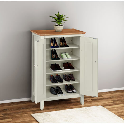 Hallowood Furniture Clifton Painted Green Off White Shoe Cupboard with 2 Doors, Solid Wooden Oak Top Shoe Rack Cabinet, Fits 10 Pairs Adult Footwear, Oak Cabinet for Hallway, Kitchen or Living Room