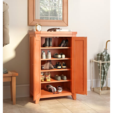 Hallowood Furniture Cotswold Oak Shoe Storage Cupboard with 2 Doors, Solid Tall Wooden Shoe Cabinet Rack, Fits 15 Pairs Footwear, Medium Oak Display Cabinet for Hallway, Kitchen or Living Room
