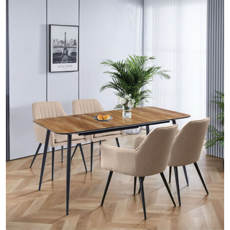 Hallowood Furniture Cullompton 120-180cm Extending Dining Table and Chairs Set 4, Oak Effect Table and Chairs with Light Brown Upholstered Seats, for Home or Café Dining